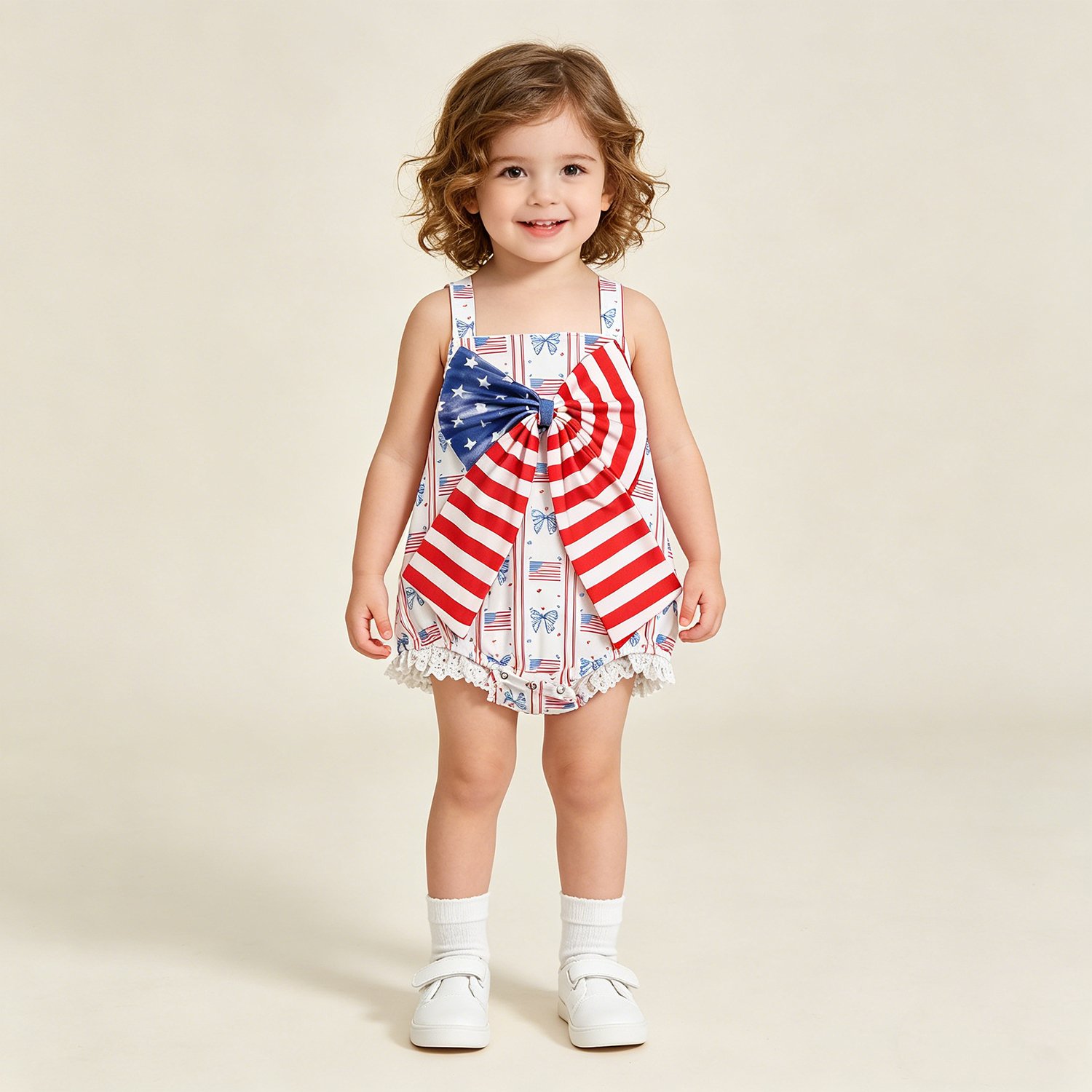 17 Baby Girls Strap Flags Bows Striped Pattern 4th of July Rompers - Image 1
