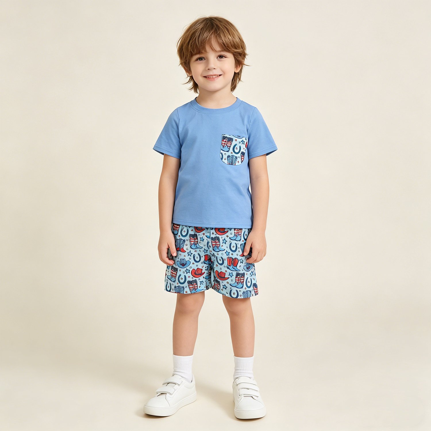 2 Toddler Boys 4th of July Western Stars Hat Boots Pocket Shirt Shorts Set - Image 1