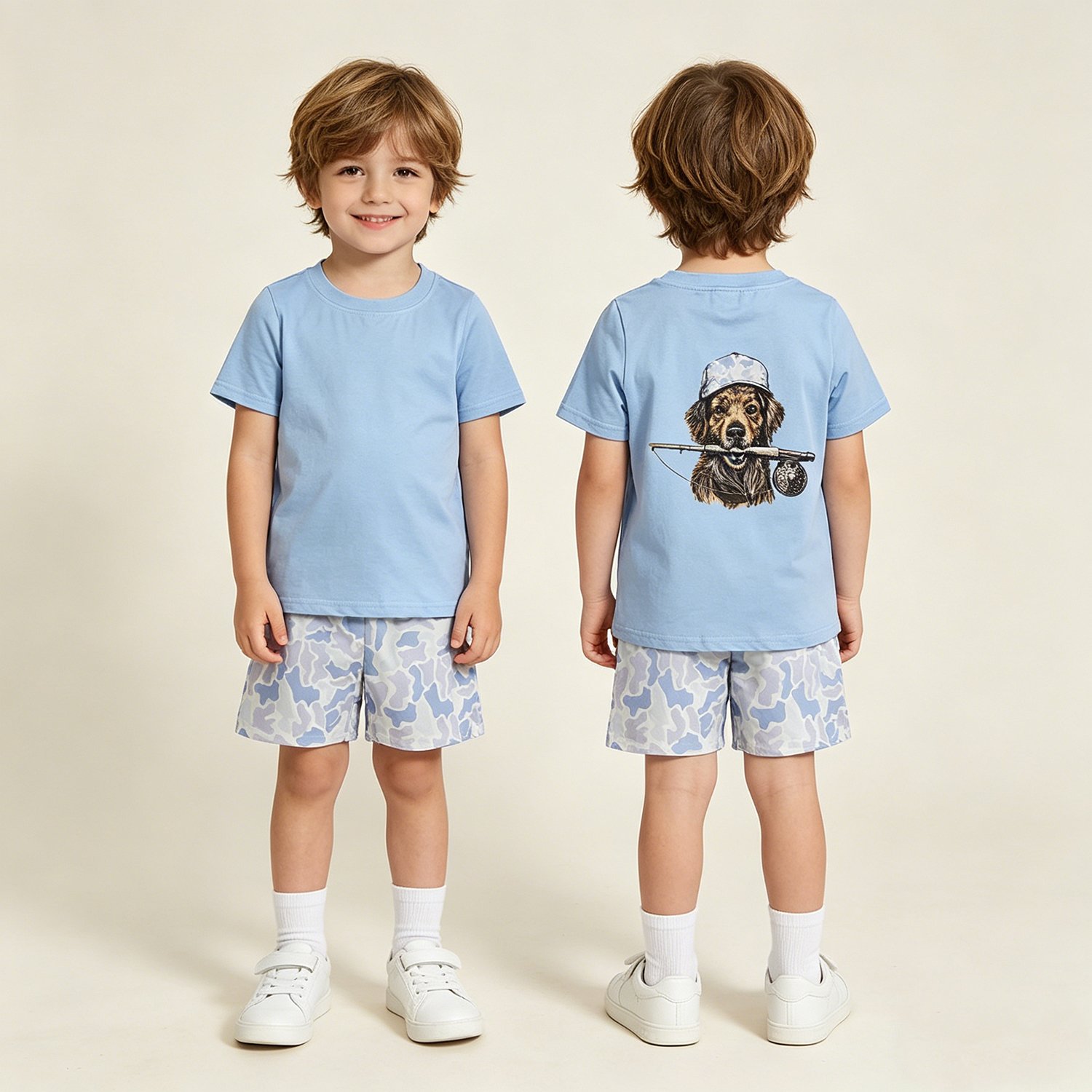 2 Baby Boys Light Blue Camo Pockets Dog Fishing Short Sleeve Outfit Set - Image 1