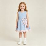 Light Blue Scallop Bow Yoga Knee Length Dress For Baby Girls