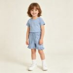 Toddler Girls Light Blue Short Sleeve Pocket Shirt Ruffle Shorts Set