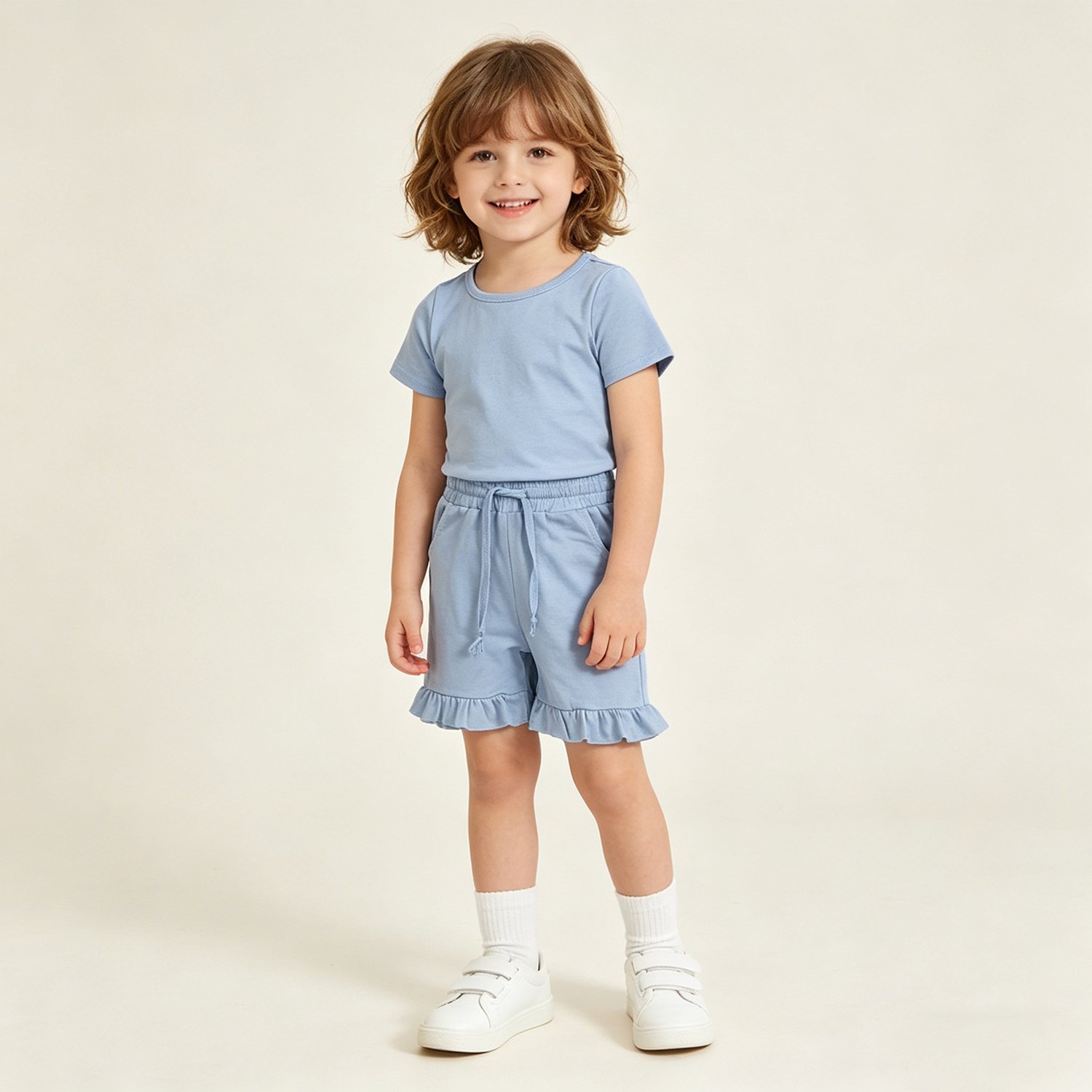 4 Toddler Girls Light Blue Short Sleeve Pocket Shirt Ruffle Shorts Set - Image 1