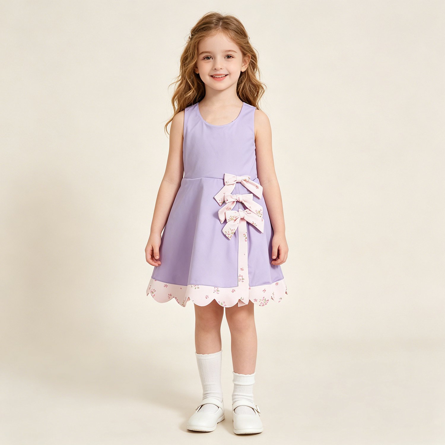 4 Baby Girls Summer Purple Sleeveless Bow Scallop Yoga Dress - Image 1