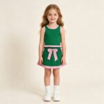 Baby Girls Cute Green Pink Sleeveless Vest Bow Skirt Clothes Sets
