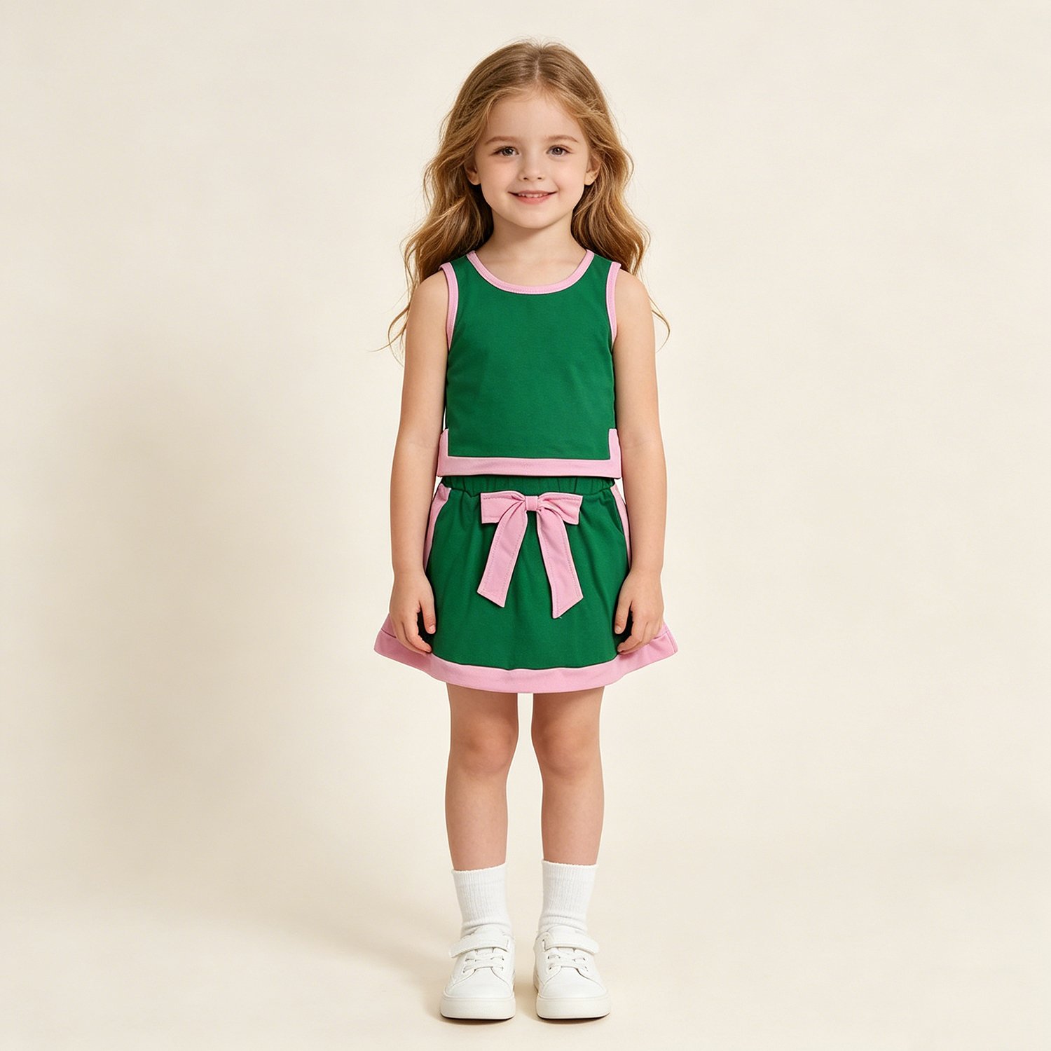 5 Baby Girls Cute Green Pink Sleeveless Vest Bow Skirt Clothes Sets - Image 1