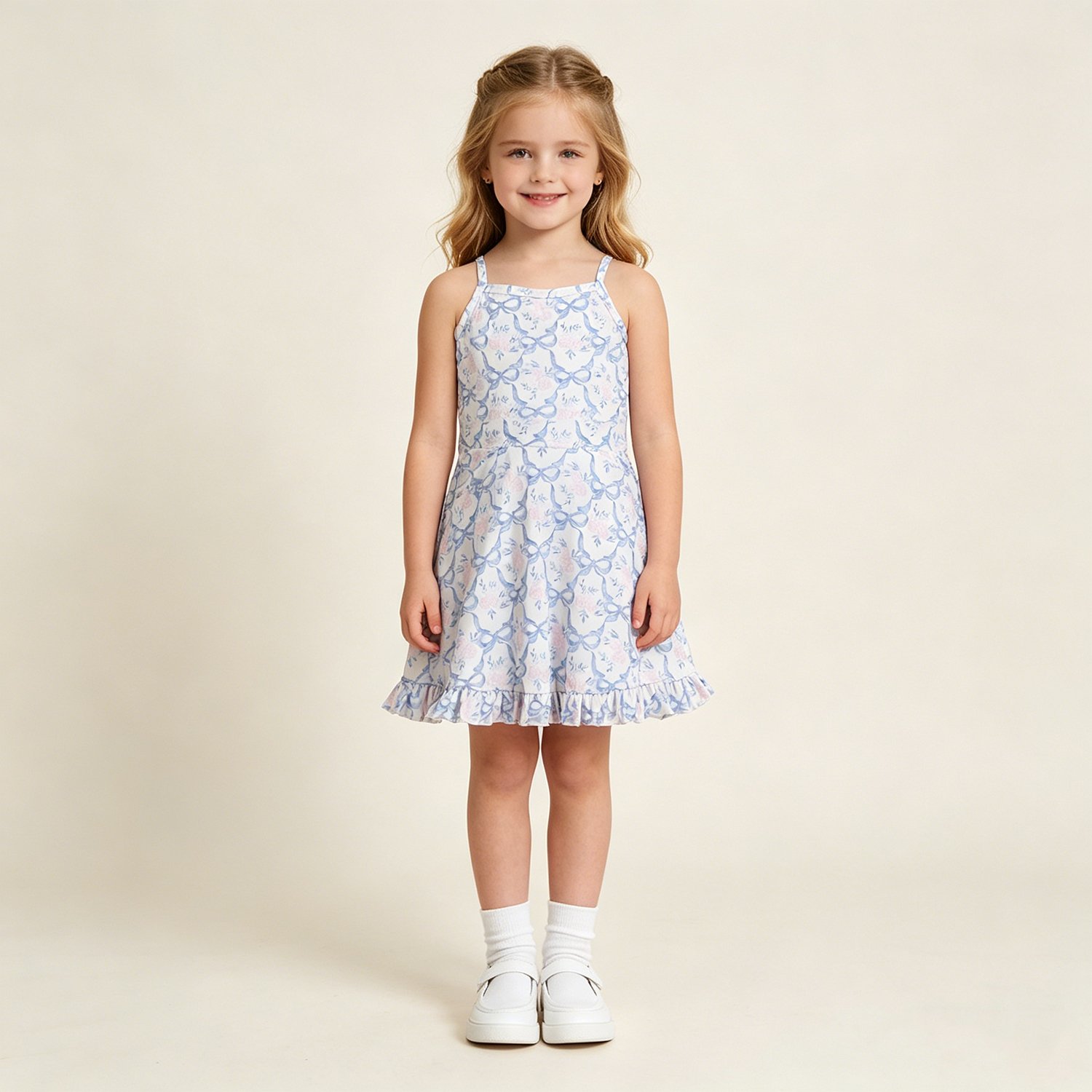5 Baby Girls Summer Strap Floral Blue Bow Ruffle Yoga Dress - Image 1