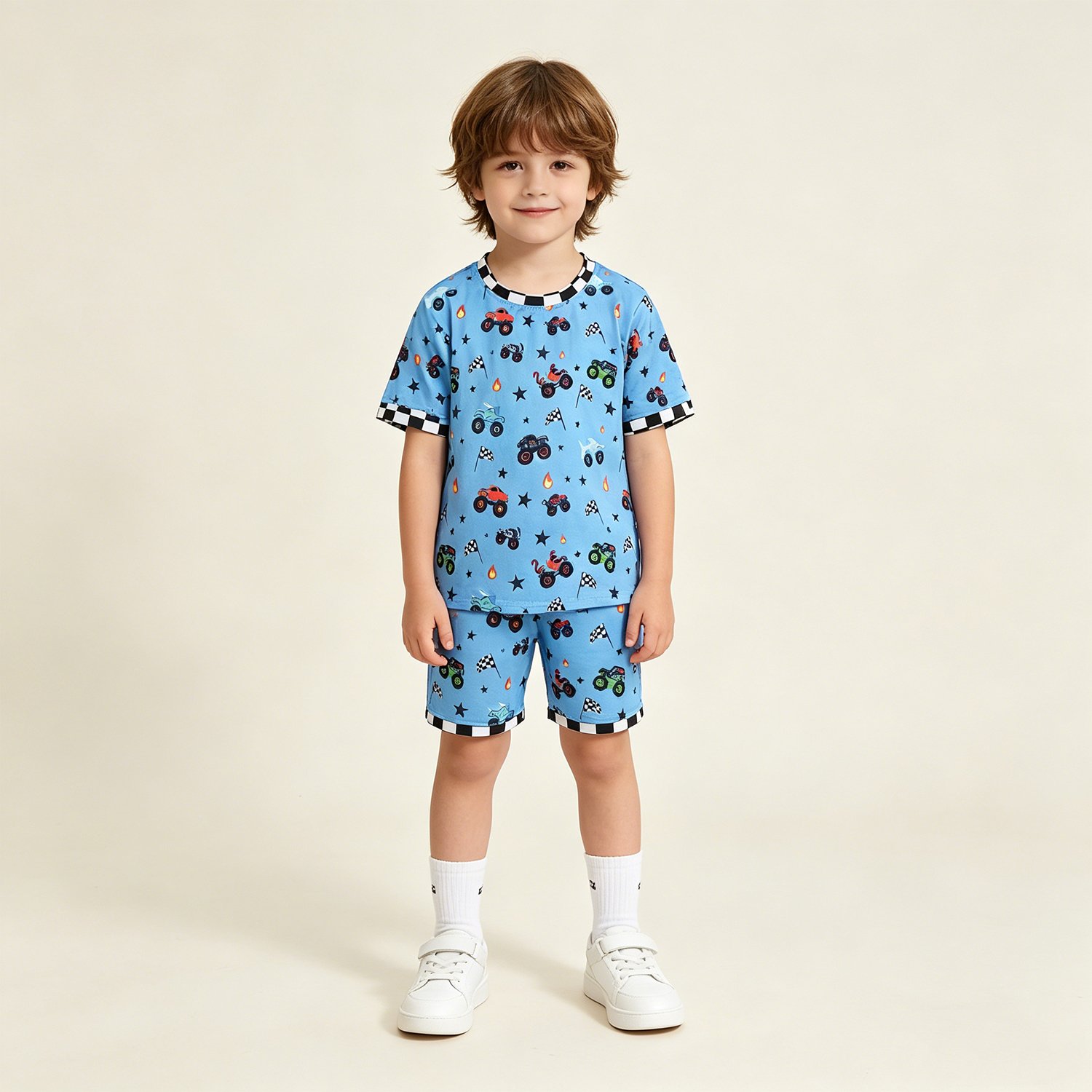6 Toddler Boys 4th of July Blue Motors Cars Flags Top Shorts Set - Image 1