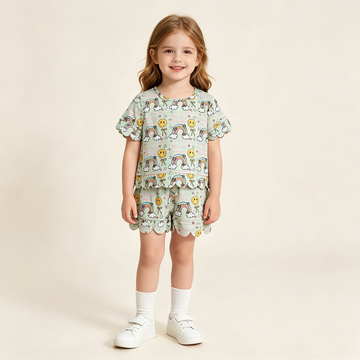 7 Baby Girls Summer Rainbow Floral Scallop Pocket Clothes Set - Image 1