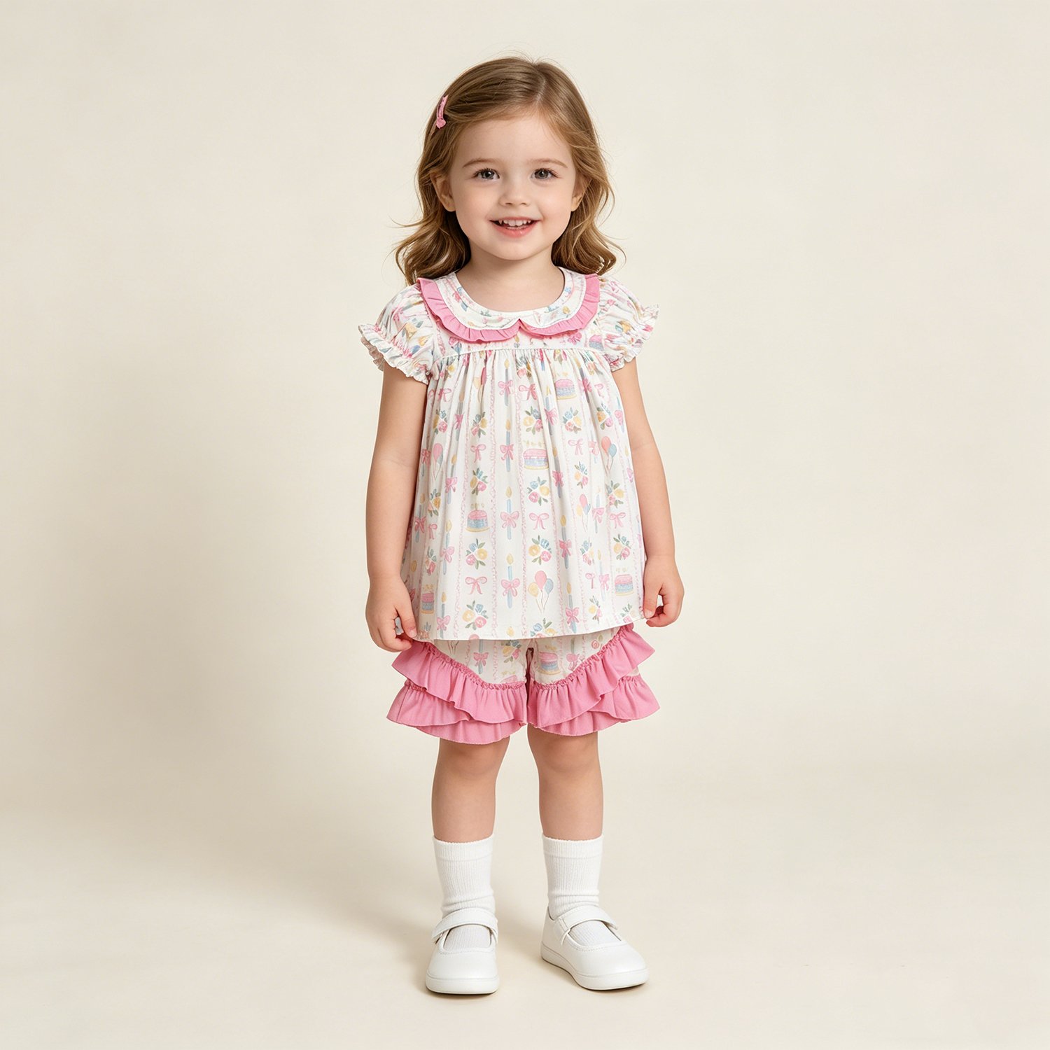 8 Baby Girls Summer Colorful Floral Bow Stripe Collar Clothes Set - Image 1