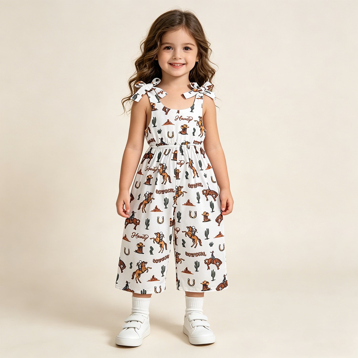 9 Baby Girls Summer Western Cactus Horse Bow Strap Jumpsuit - Image 1