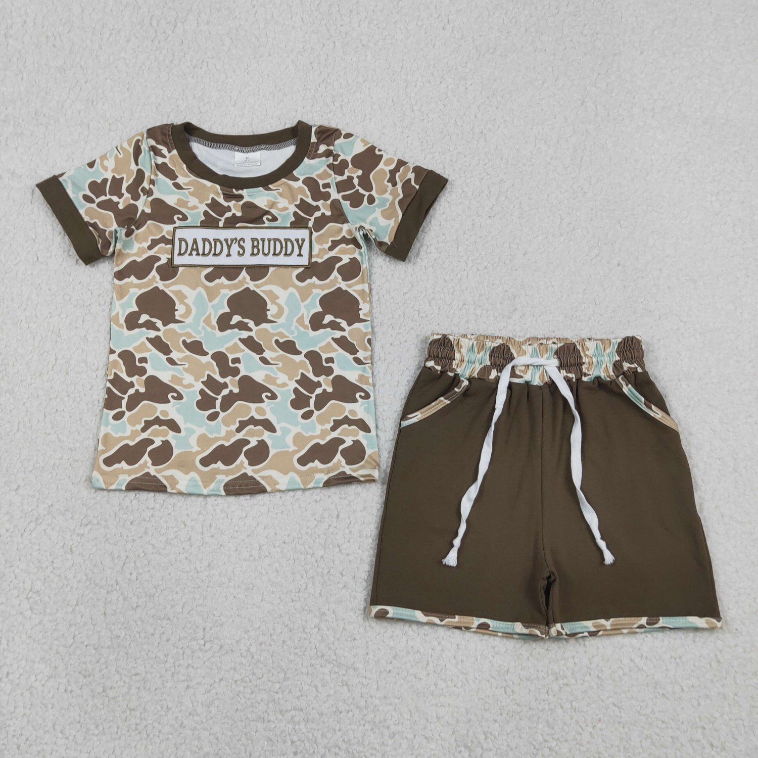 BSSO1839 Embroidery Daddys Buddy Camo Top With Pocket Shorts Kids Clothes Sets - Image 1