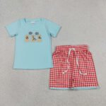 Embroidery Flag Dog Print Top Checked Shorts 4th of July Sets For Baby Boys