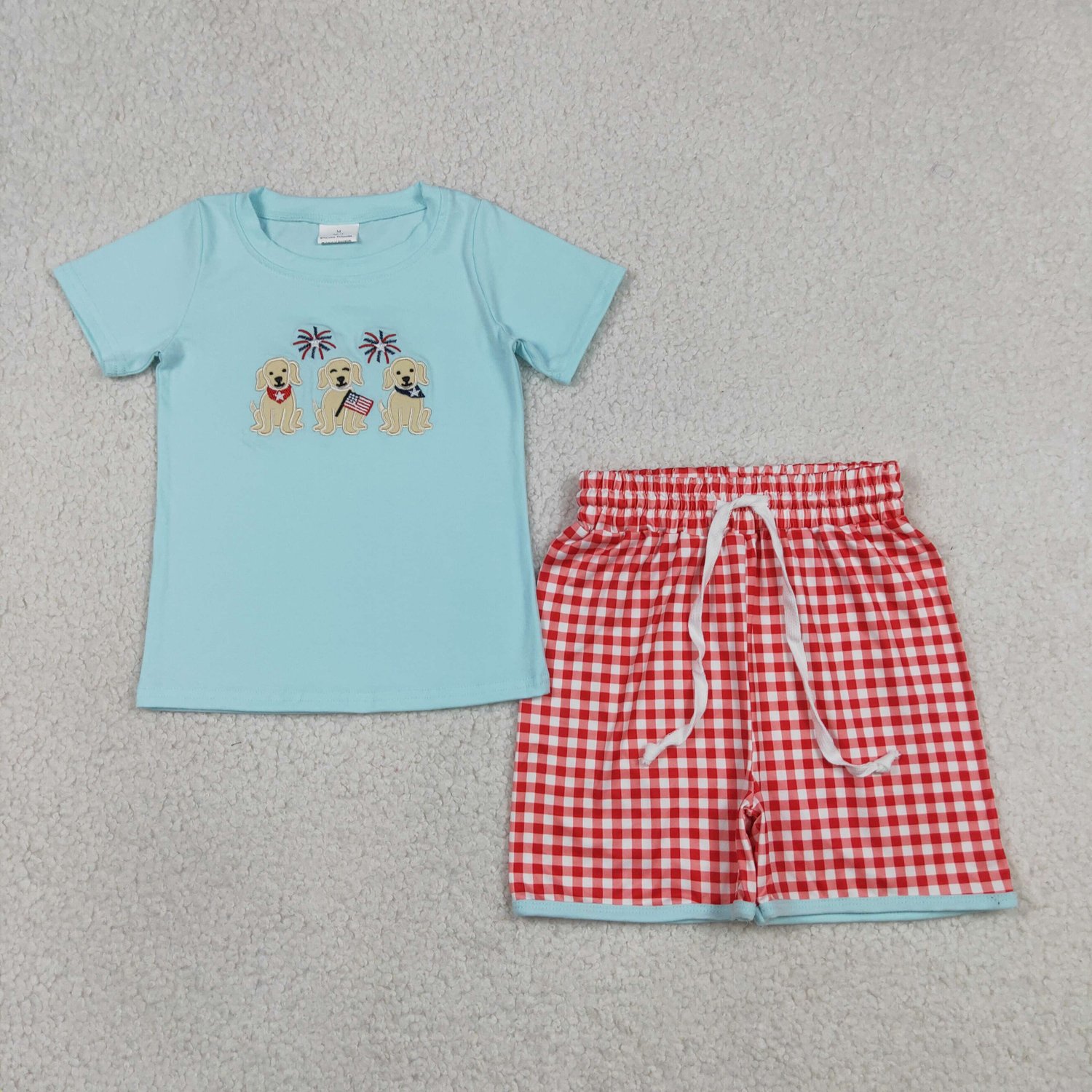 BSSO1934 Embroidery Flag Dog Print Top Checked Shorts 4th of July Sets For Baby Boys - Image 1