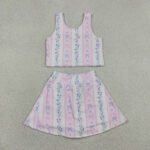 Sleeveless Bow Flower Stripe Vest Skort Yoga Active Set For Baby Girls