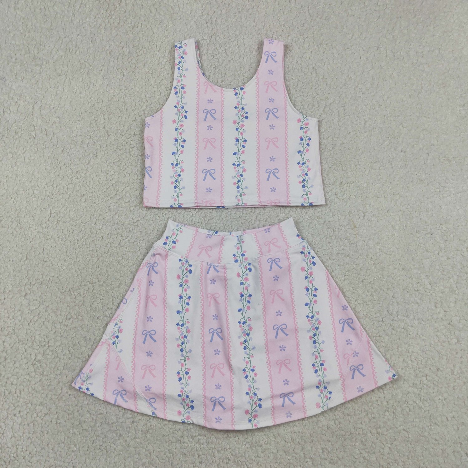 GSD2216 Sleeveless Bow Flower Stripe Vest Skort Yoga Active Set For Baby Girls - Image 1