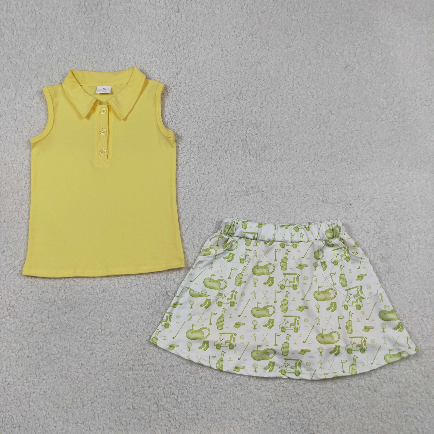 GSD2698 Yellow Button Decor Vest Top Golf Pocket Skort Set For Baby Girls - Image 1