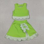 Green Sleeveless Bow Vest Top Scallop Skort Yoga Active Sets For Baby Girls