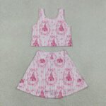 Pink Stripe Bow Castle Print Vest Skort Yoga Active Set For Baby Girls