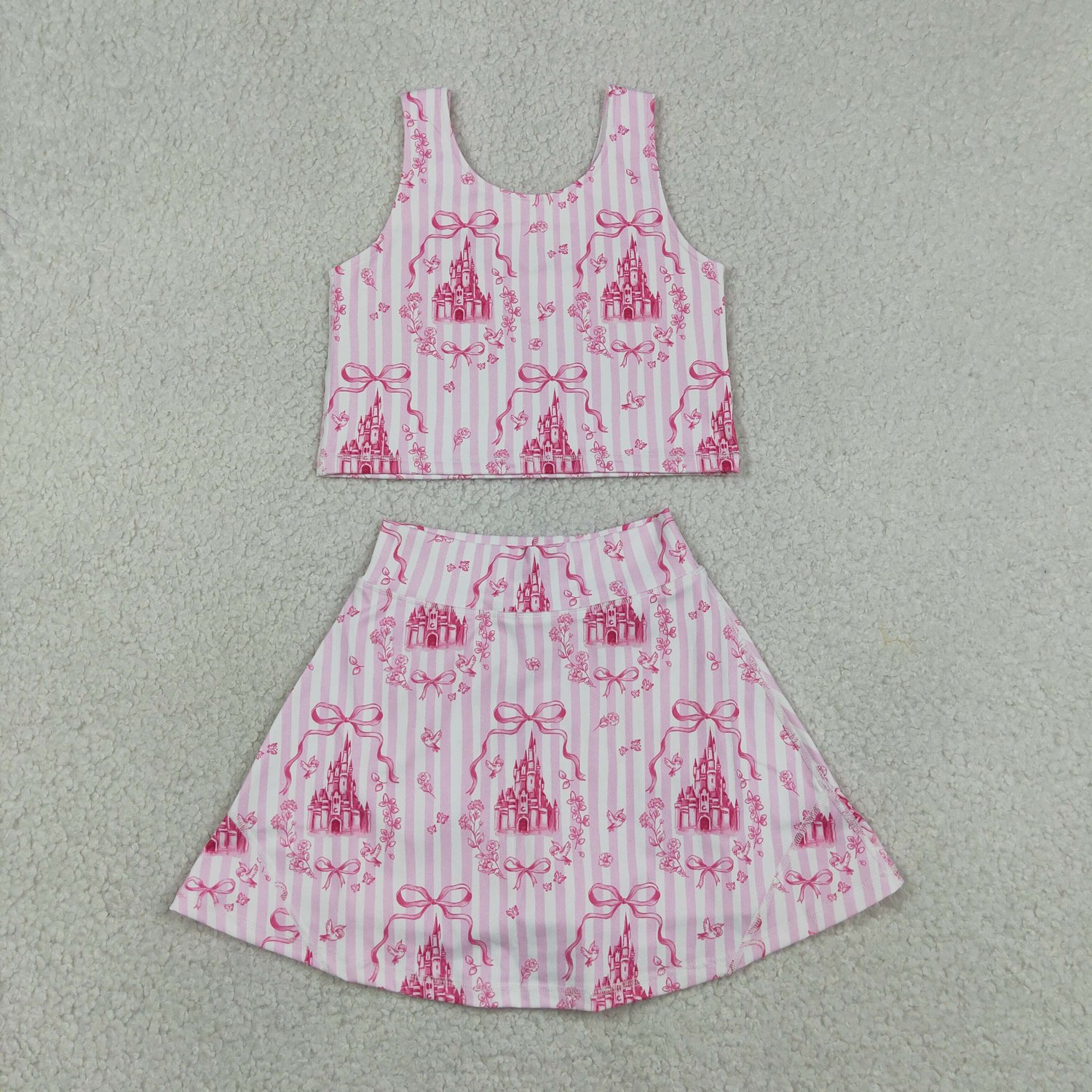 GSD3814 Pink Stripe Bow Castle Print Vest Skort Yoga Active Set For Baby Girls - Image 1