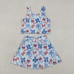 Red Blue Bow Vest Skort 4th of July Yoga Active Set For Baby Girls