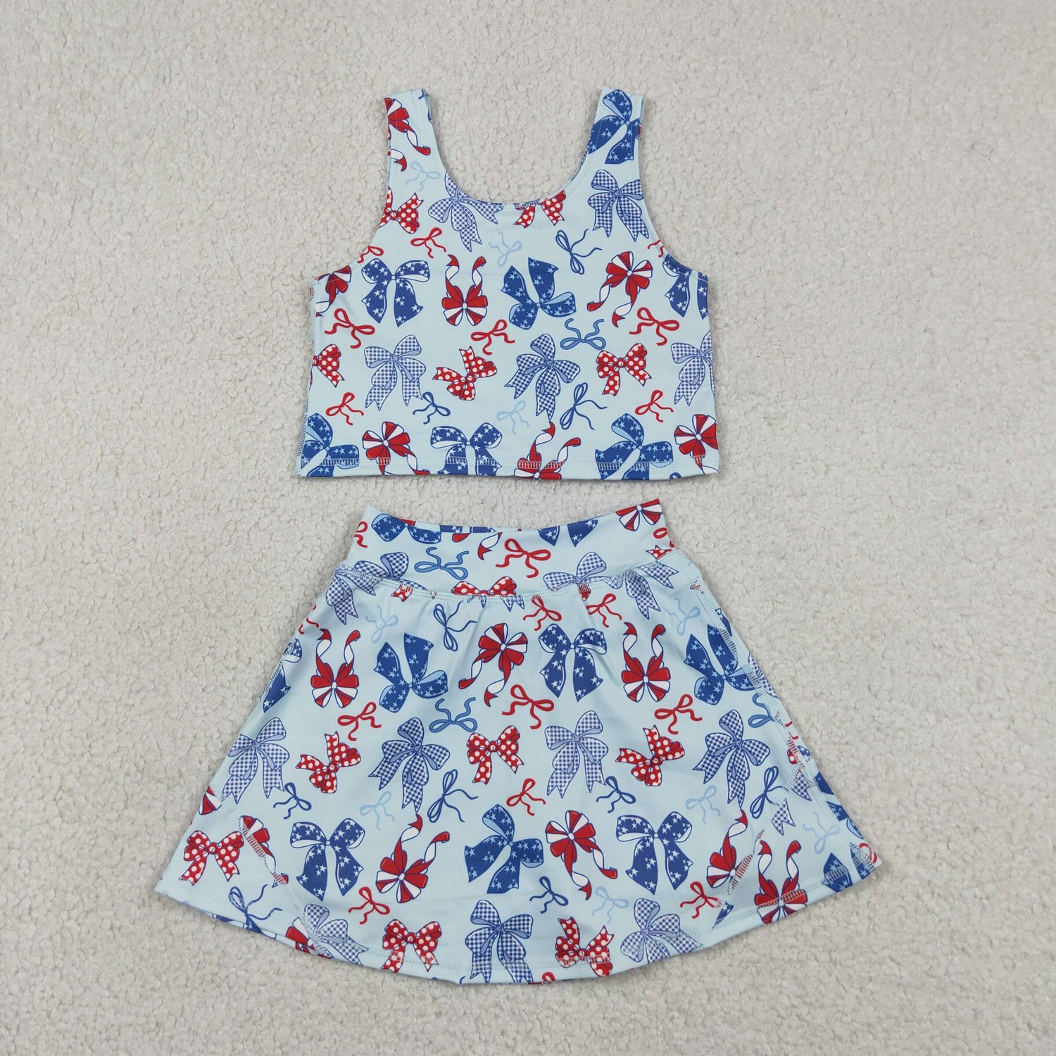GSD3874 Red Blue Bow Vest Skort 4th of July Yoga Active Set For Baby Girls - Image 1