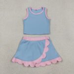 Blue Pink Sleeveless Vest Scallop Skort Yoga Active Set For Baby Girls