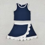 Baby Girls Navy White Vest Scallop Sleeveless Yoga Skirt Clothes Set