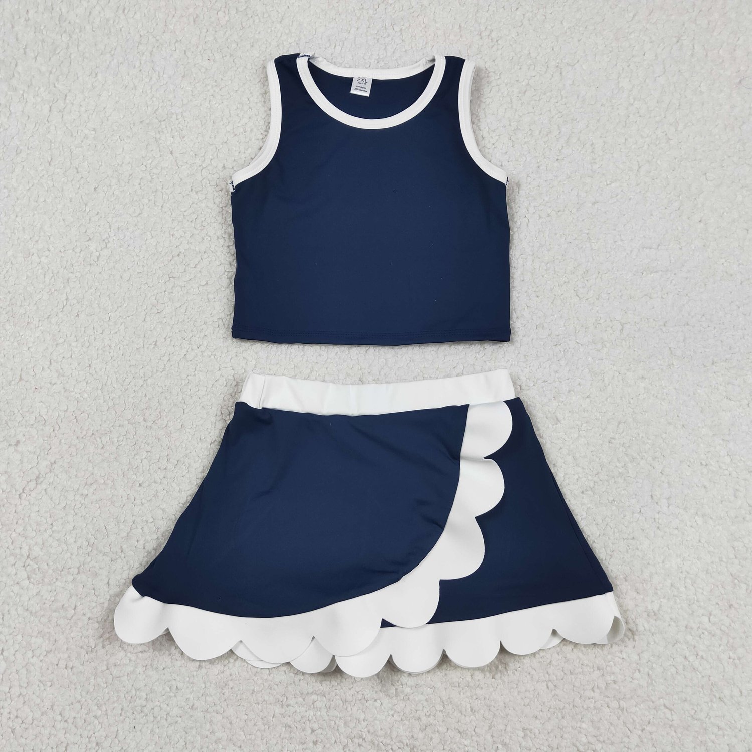 GSD4024 Baby Girls Navy White Vest Scallop Sleeveless Yoga Skirt Clothes Set - Image 1