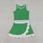 Little Girls Green Sleeveless Vest Scallop Edge Skirt Yoga Outfit Set