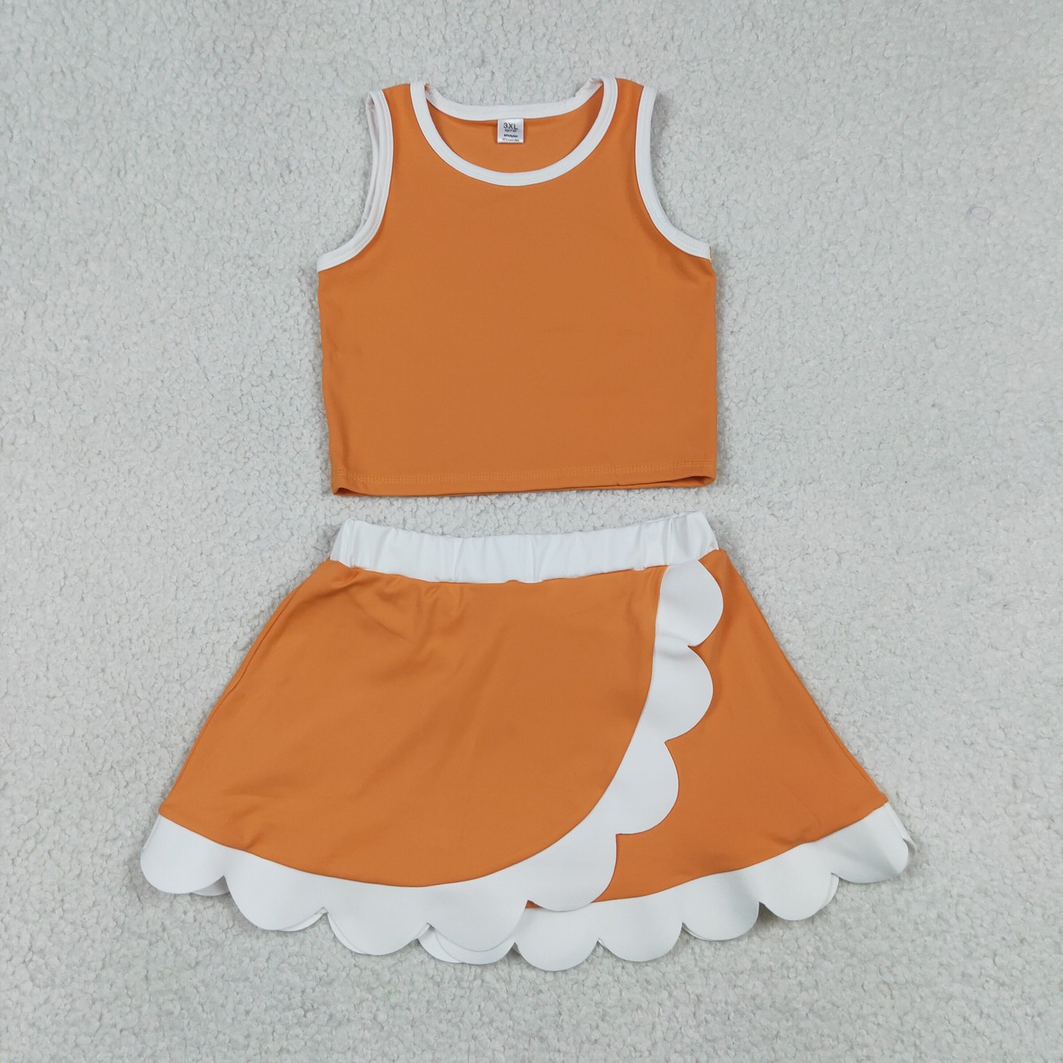 GSD4033 Orange White Sleeveless Vest Scallop Skort Yoga Active Set For Baby Girls - Image 1