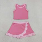 Pink Sleeveless Vest Scallop Skort Yoga Active Set For Baby Girls