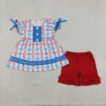 Baby Girls Red Blue Plaid Button Tunic Ruffle Shorts 4th of July Sets