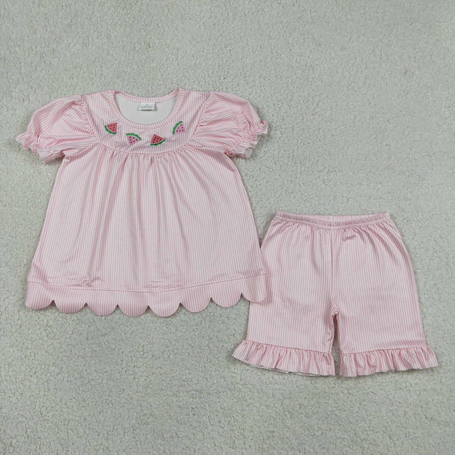 GSSO3239 Baby Girls Pink Stripe Scallop Embroidery Watermelons Ruffle Two Piece Set - Image 1