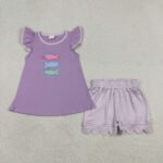 Baby Girls Hunting Style Embroidery Fishes Scallop Stripe Two Piece Set