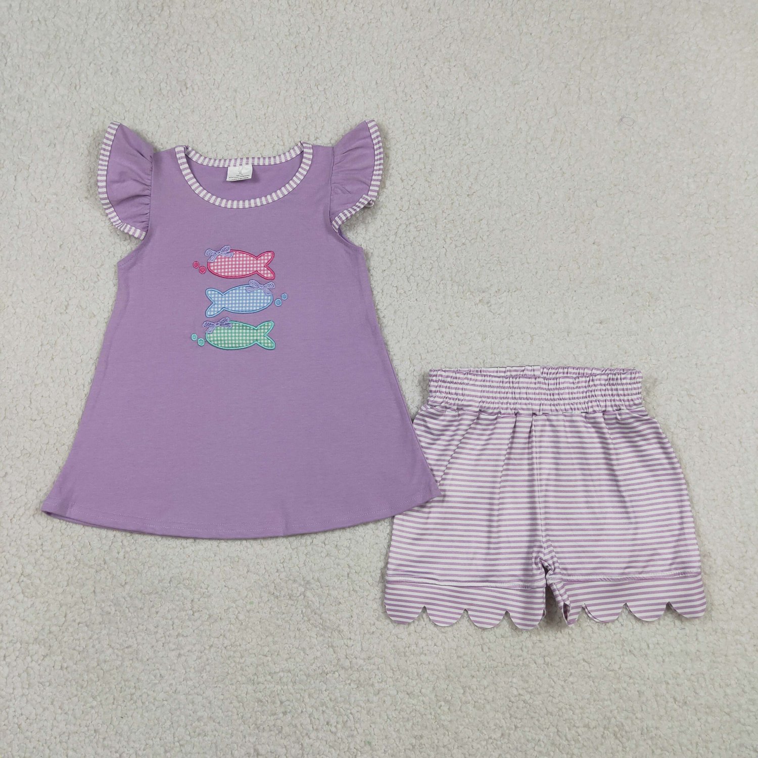 GSSO3242 Baby Girls Hunting Style Embroidery Fishes Scallop Stripe Two Piece Set - Image 1
