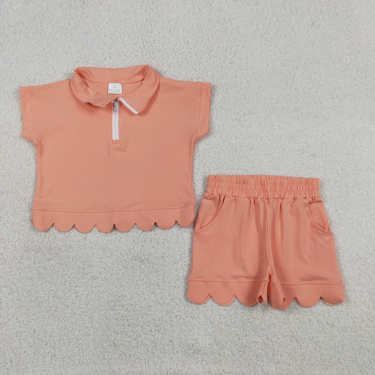 GSSO3374 Little Girls Peach Zipper Pullover Top Scallop Pocket Short Outfit Set - Image 1