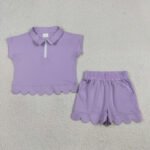 Lavender Zip Pullover Pocket Scallop Checked Set For Baby Girls