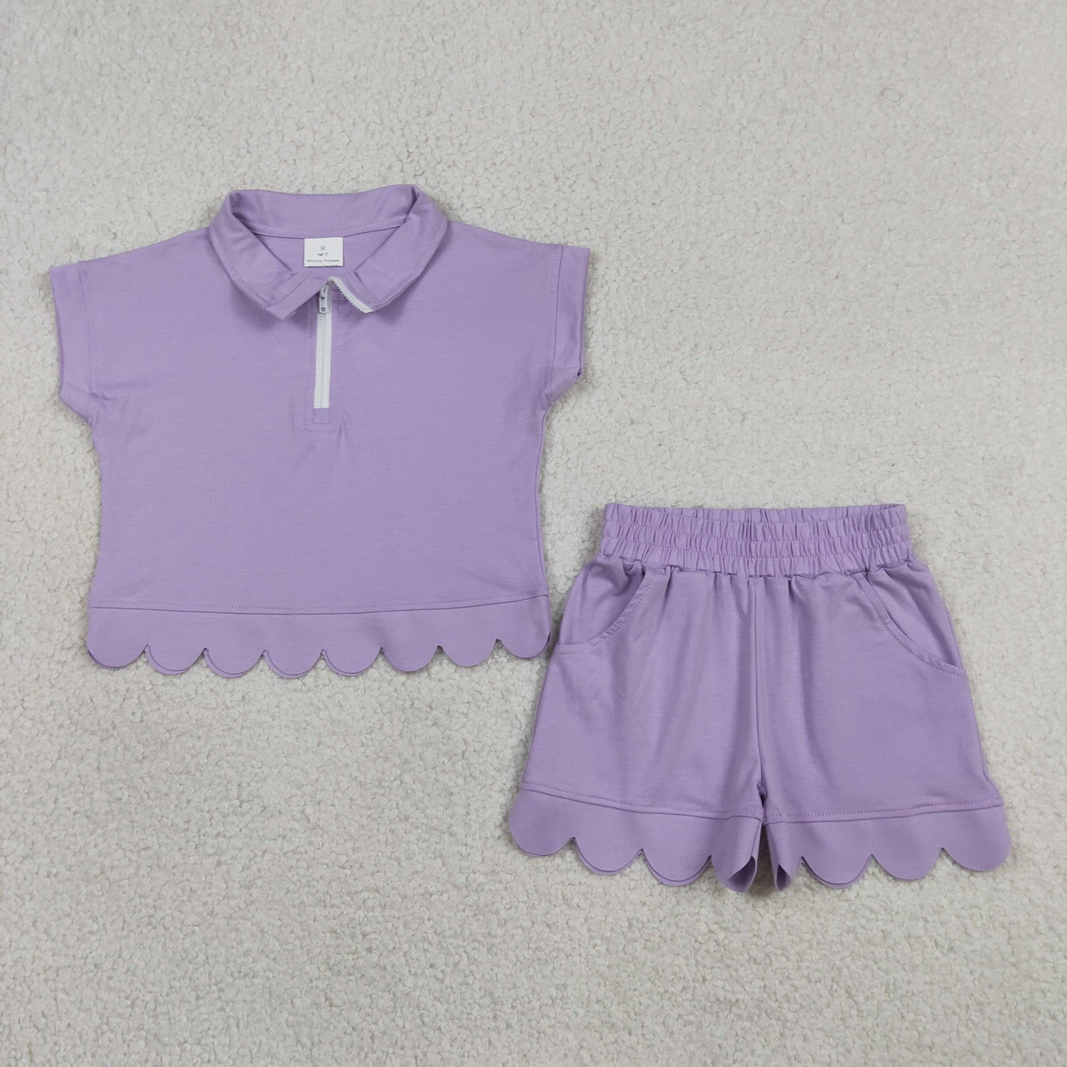 GSSO3377 Lavender Zip Pullover Pocket Scallop Checked Set For Baby Girls - Image 1