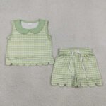Baby Girls Green Checked Collar Sleeveless Top Scallop Shorts Set