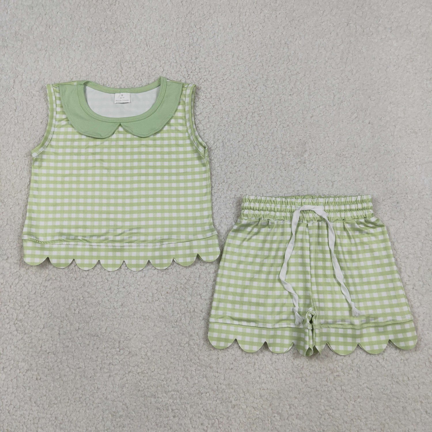 GSSO3398 Baby Girls Green Checked Collar Sleeveless Top Scallop Shorts Set - Image 1