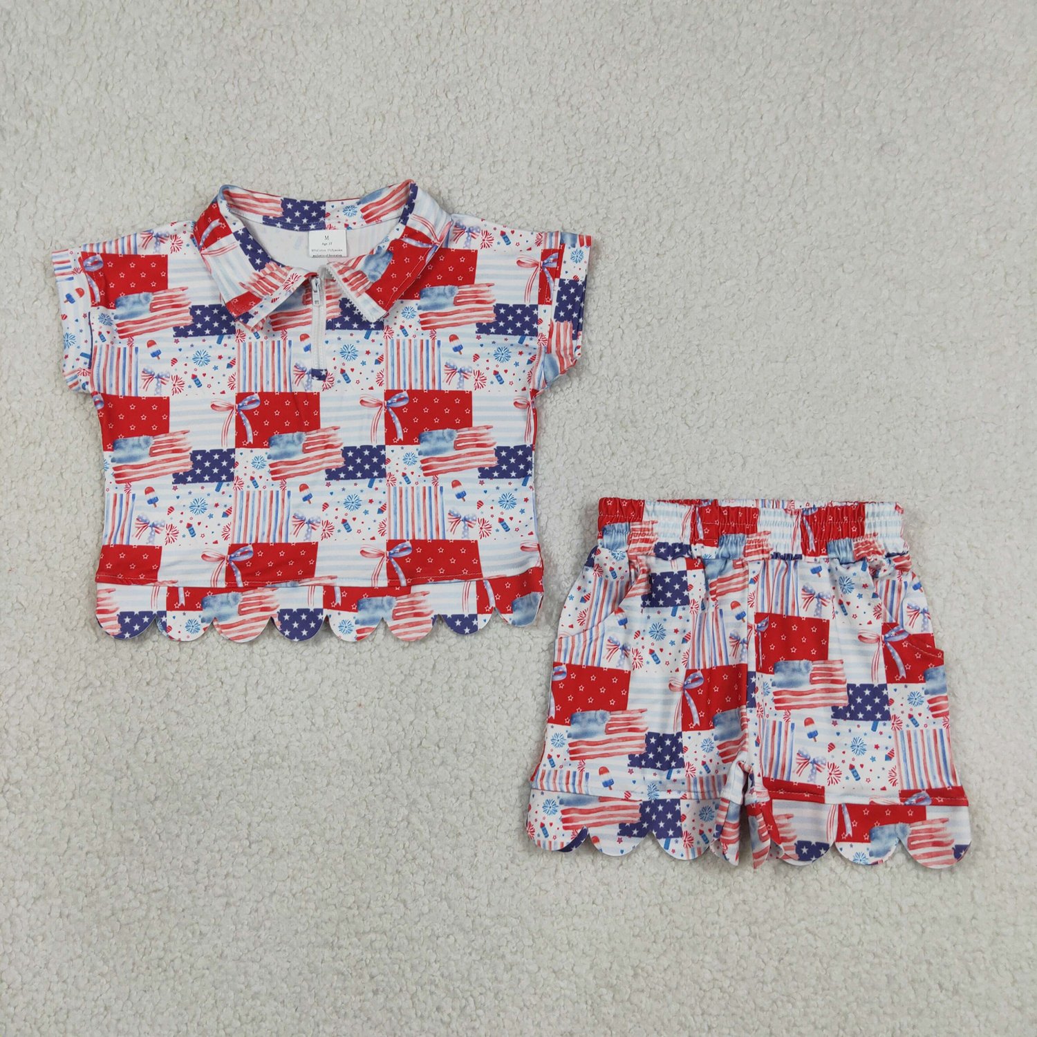 GSSO3599 Baby Girls 4th of July Checked Flags Bow Zip Top Scallop Short Sets - Image 1