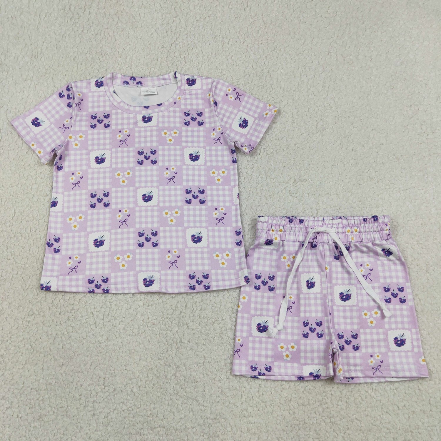 GSSO3647 Baby Girls Floral Grape Checked Top Slouchy Shorts Set - Image 1