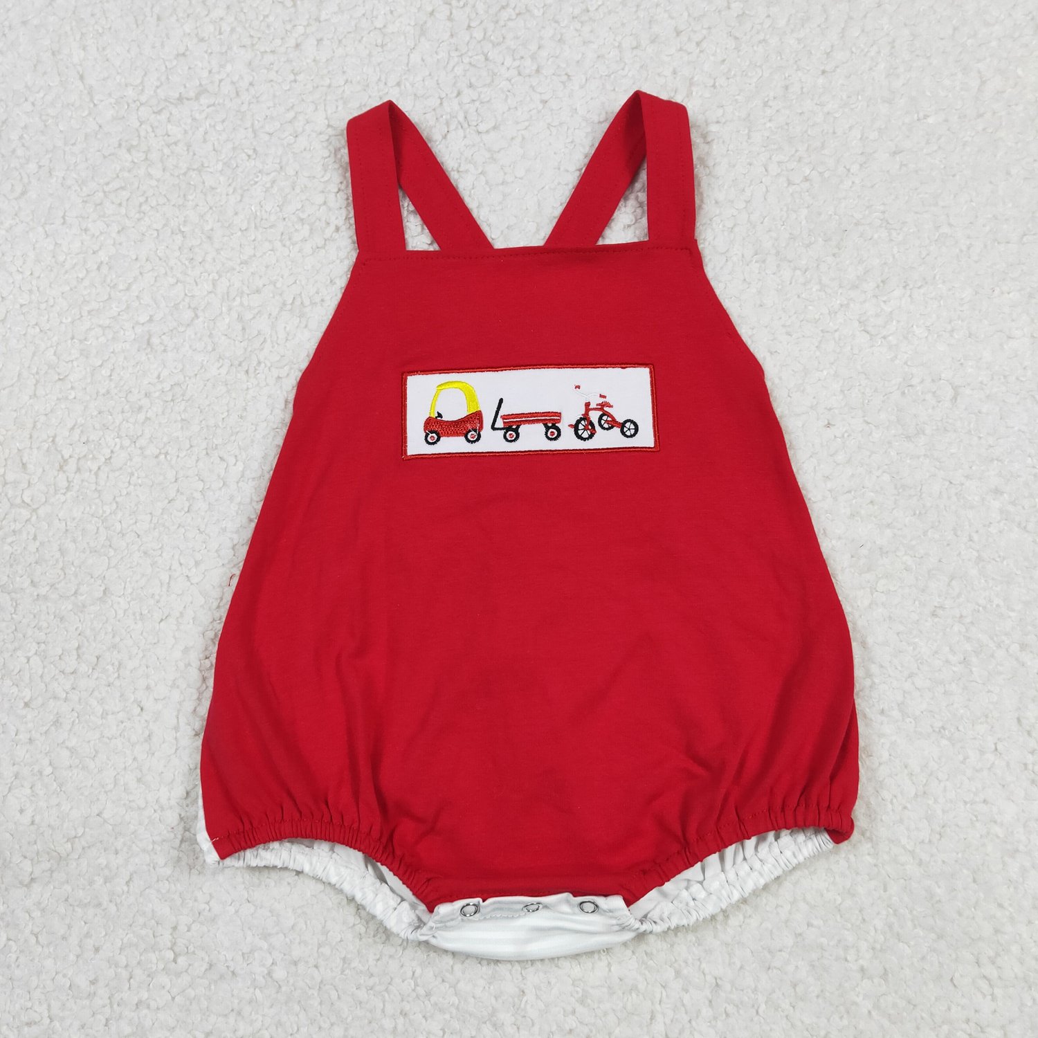 SR2849 Embroidered Car Bicycle Baby Boys Fashion Strap Romper - Image 1