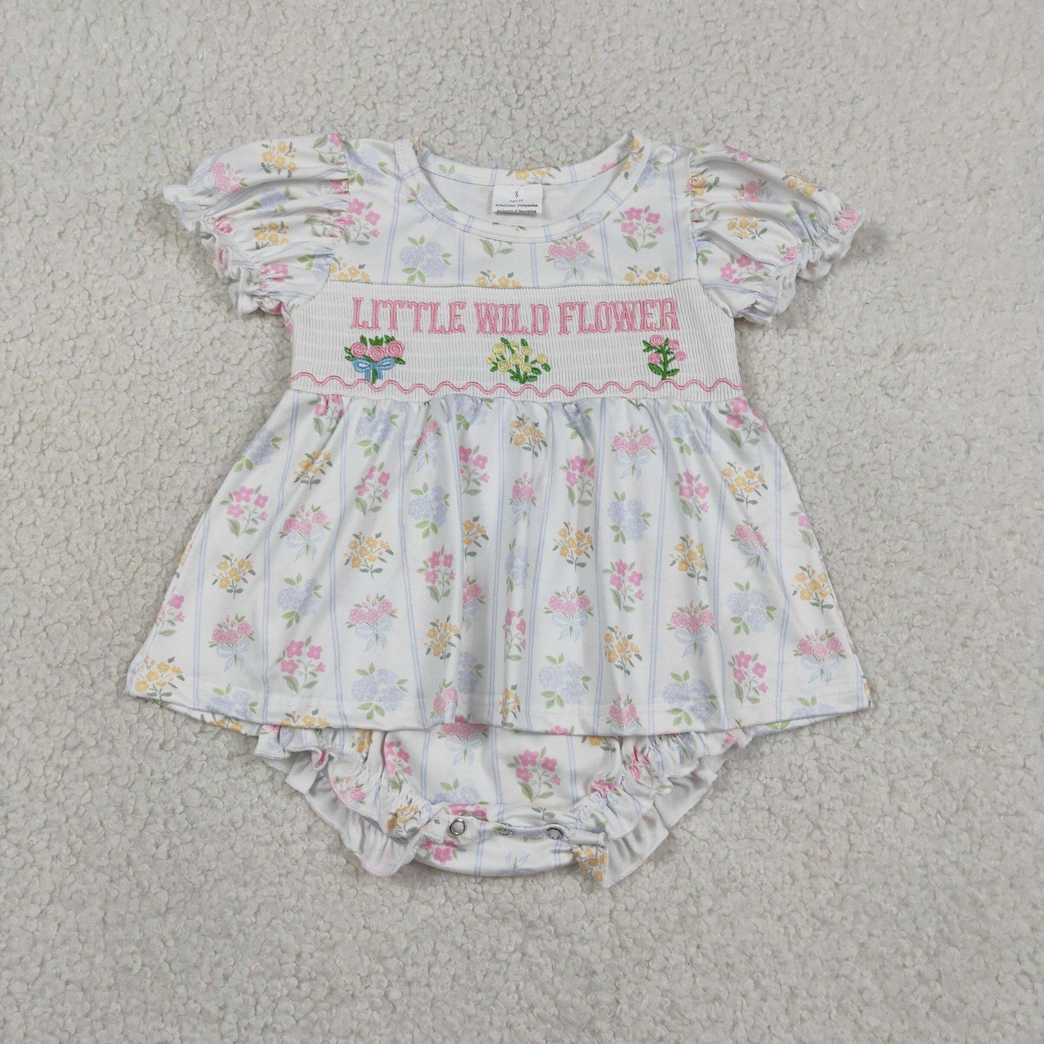 SR3043 Baby Girl Smocked Wild Flower Girls Ruffle Bummies Romper - Image 1