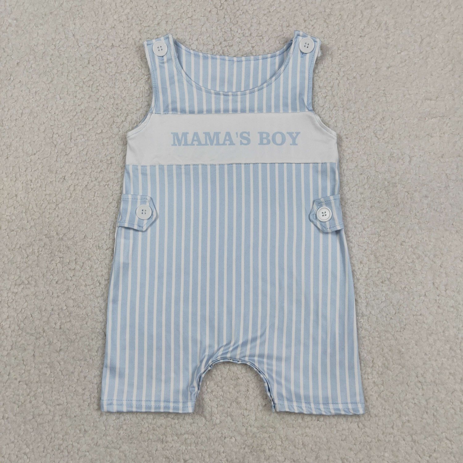 SR3972 Baby Boys Sleeveless Mama's Boy Light Blue Stripe Summer Rompers - Image 1