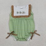 Embroidered Duck Green Striped Sleeveless Ruffle Romper For Baby Girls