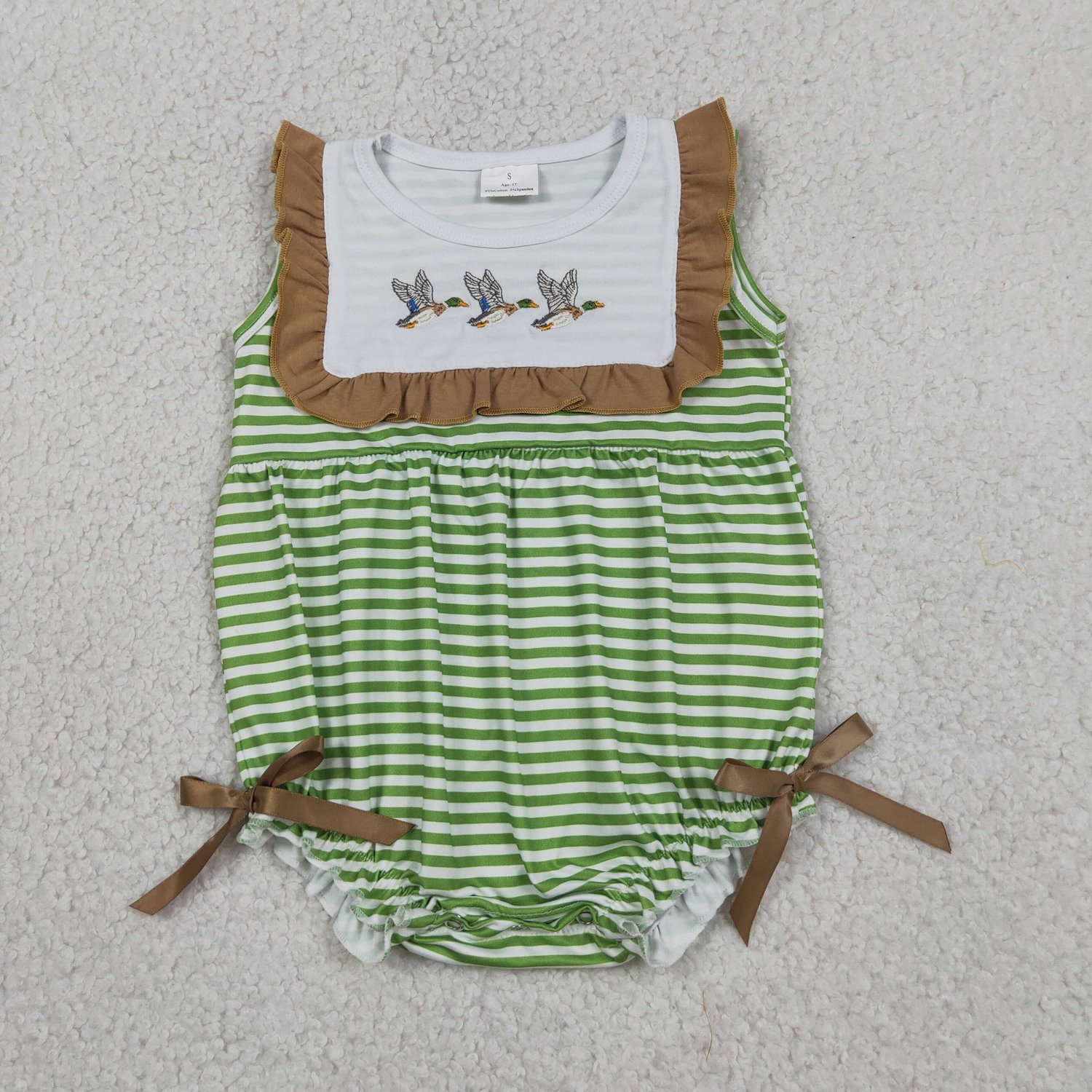 SR4084 Embroidered Duck Green Striped Sleeveless Ruffle Romper For Baby Girls - Image 1
