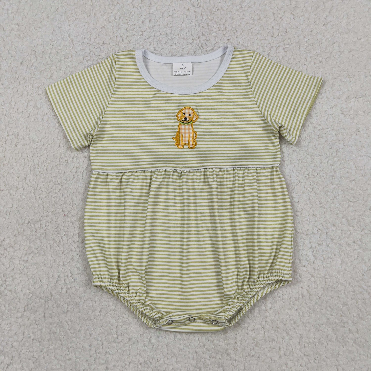 SR4140 Little Boys Dog Embroidery Short Sleeve Stripe Hunting Rompers - Image 1